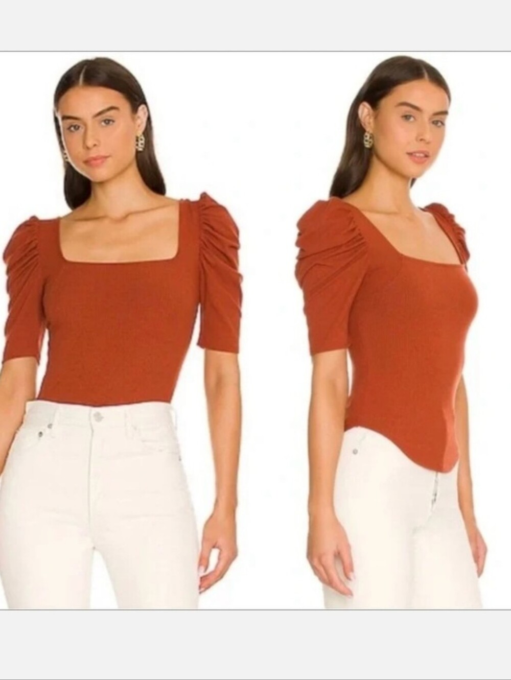 We The Free Square Neck Ruched Sleeve Women’s Top in Rust